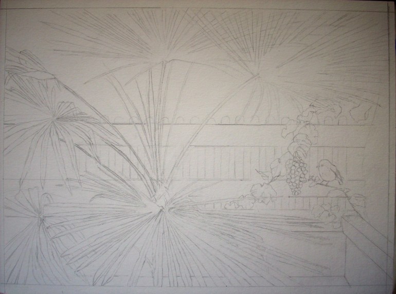 Drawing - grapes and robin