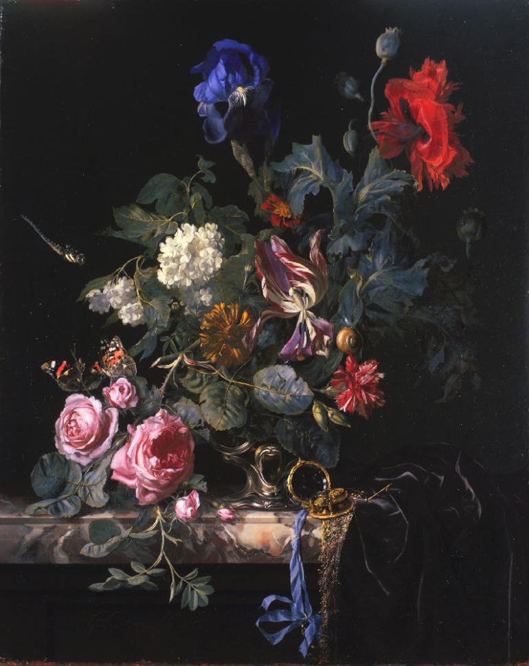 Willem van Aelst; Flowers in a Silver Vase (1663)