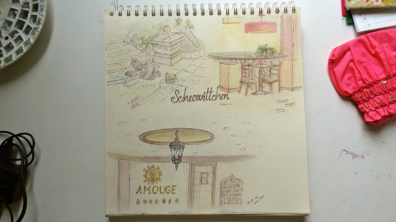 Sketchbook page - Muscat airport and inflight