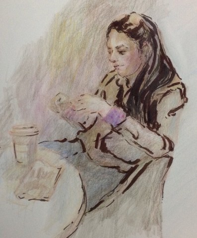 Young woman drinking coffee sketch