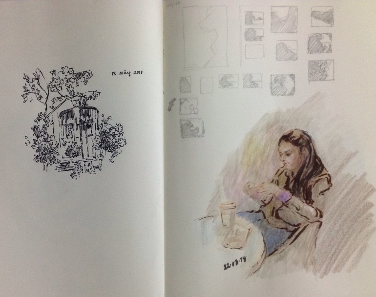 Sketchbook page window, woman