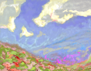 evening clouds, hilly landcape , nature paintings, landscape paintings