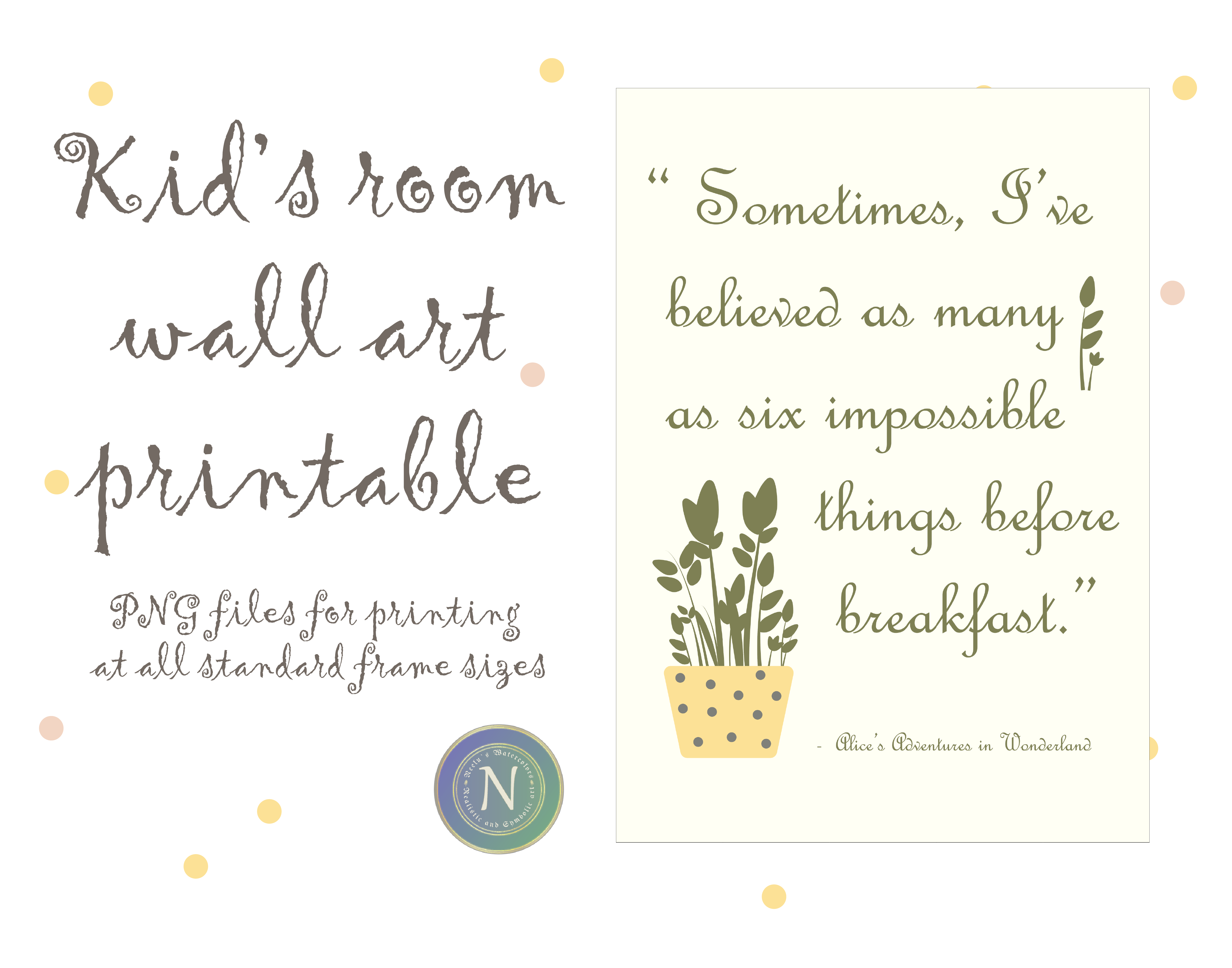 Children's book quote Typography art printable| Kids room art | Alice in Wonderland quote and potted plant poster | Girls and Boys bedroom