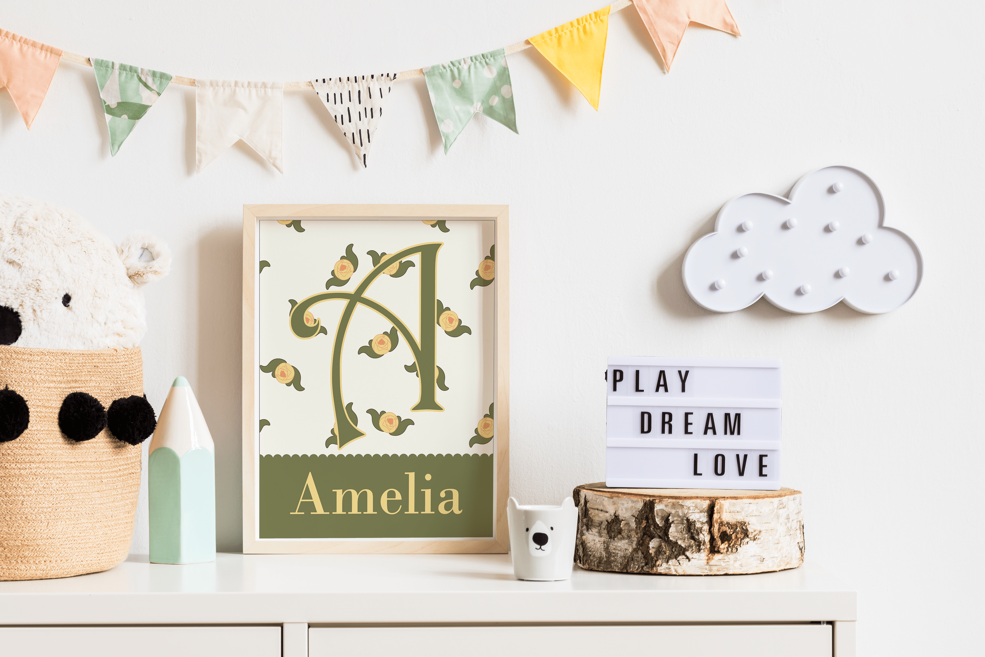 Custom name and initial Kid's room wall art| Personalised printable | Girls room decor yellow roses | Girls bedroom | PNG files download