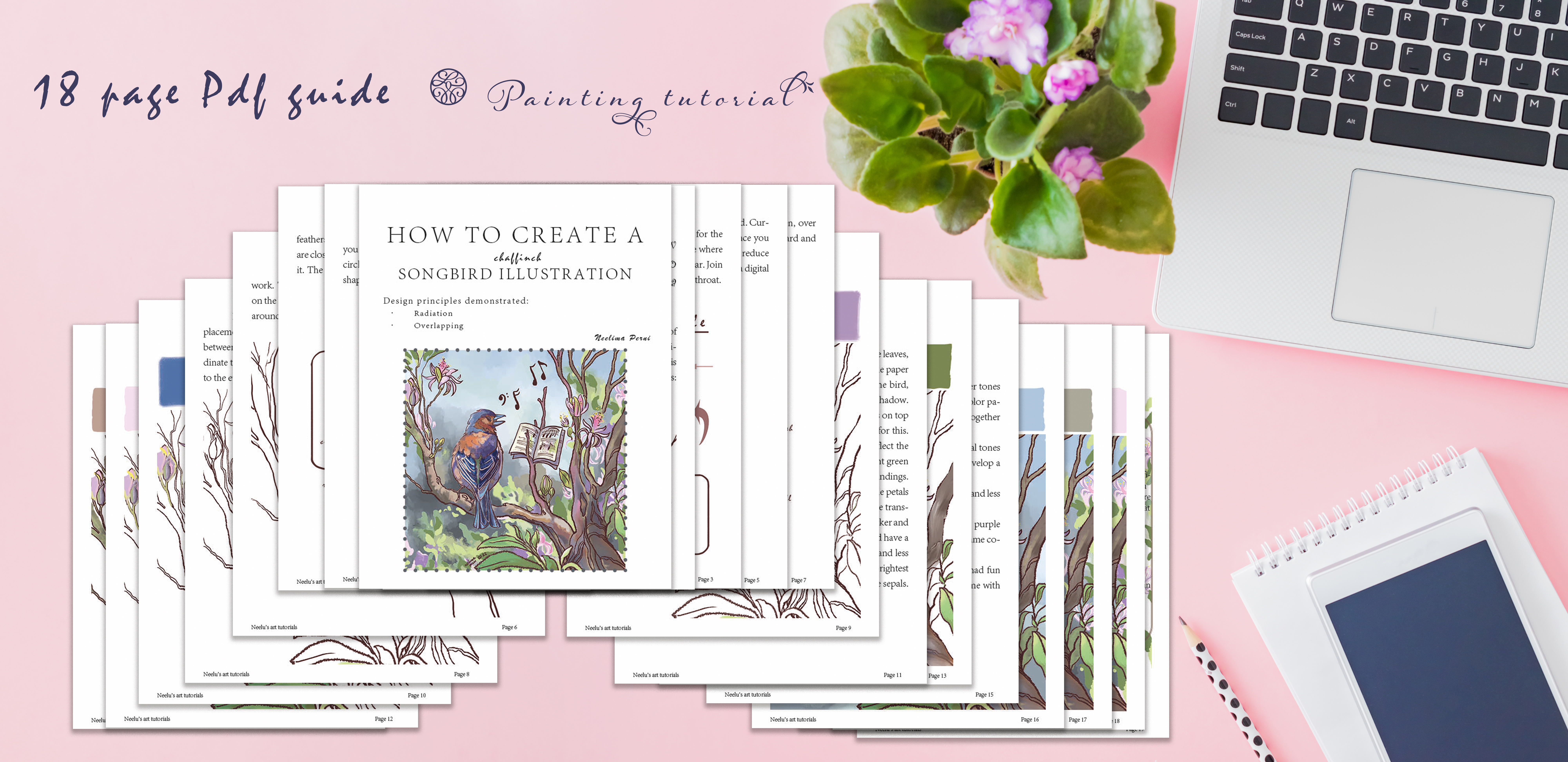 Art tutorial - Create a song bird illustration| 18 page pdf document |Instant download painting guide | U.S Letter size for personal use