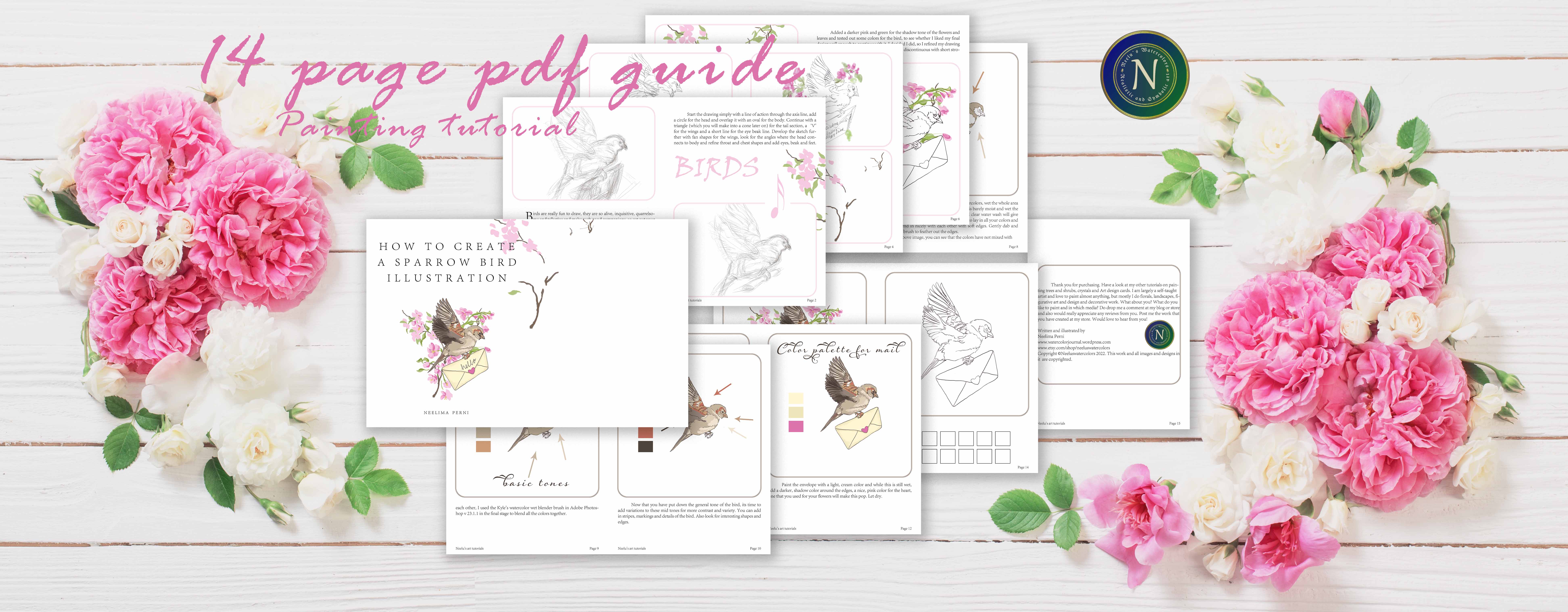 Art tutorial - Create a sparrow bird illustration| 14 page pdf art demo |Instant download painting guide | U.S Letter size for personal use