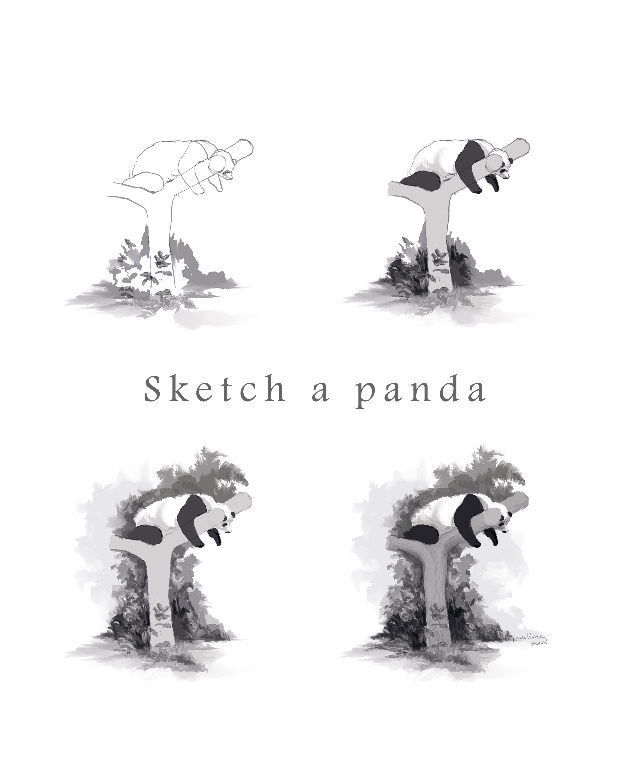 Illustrate a panda using a monochromatic palette: