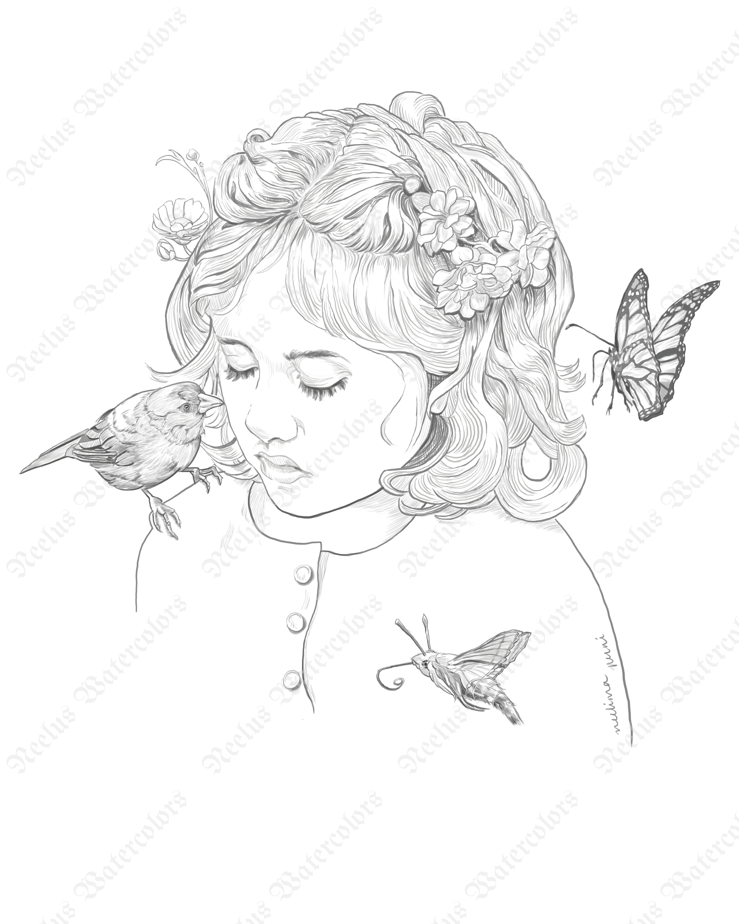 Young girl with her winged friends
