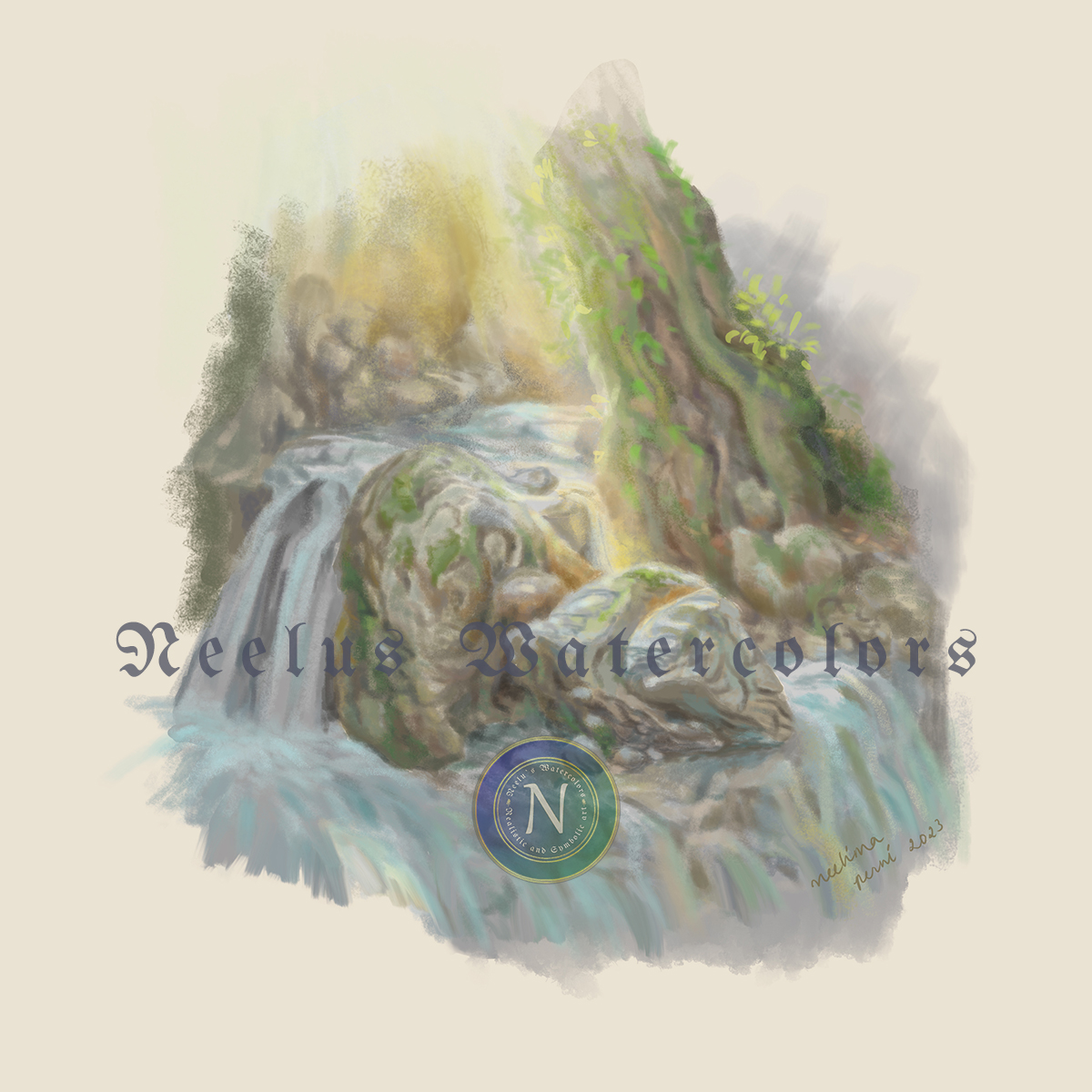 Painting of waterfalls in sunlight